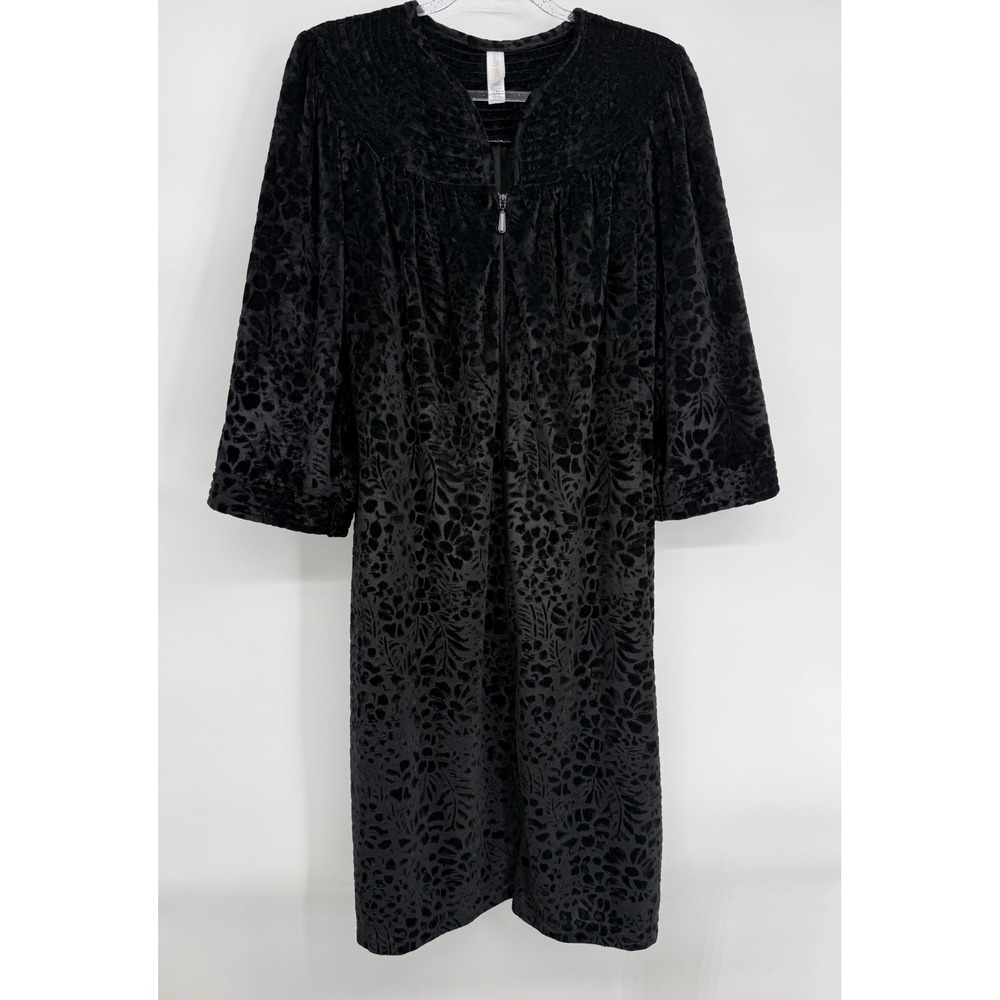 Simply Basic Black Velour Burnout Floral Zip Front Robe Sleepwear Womens Sz L